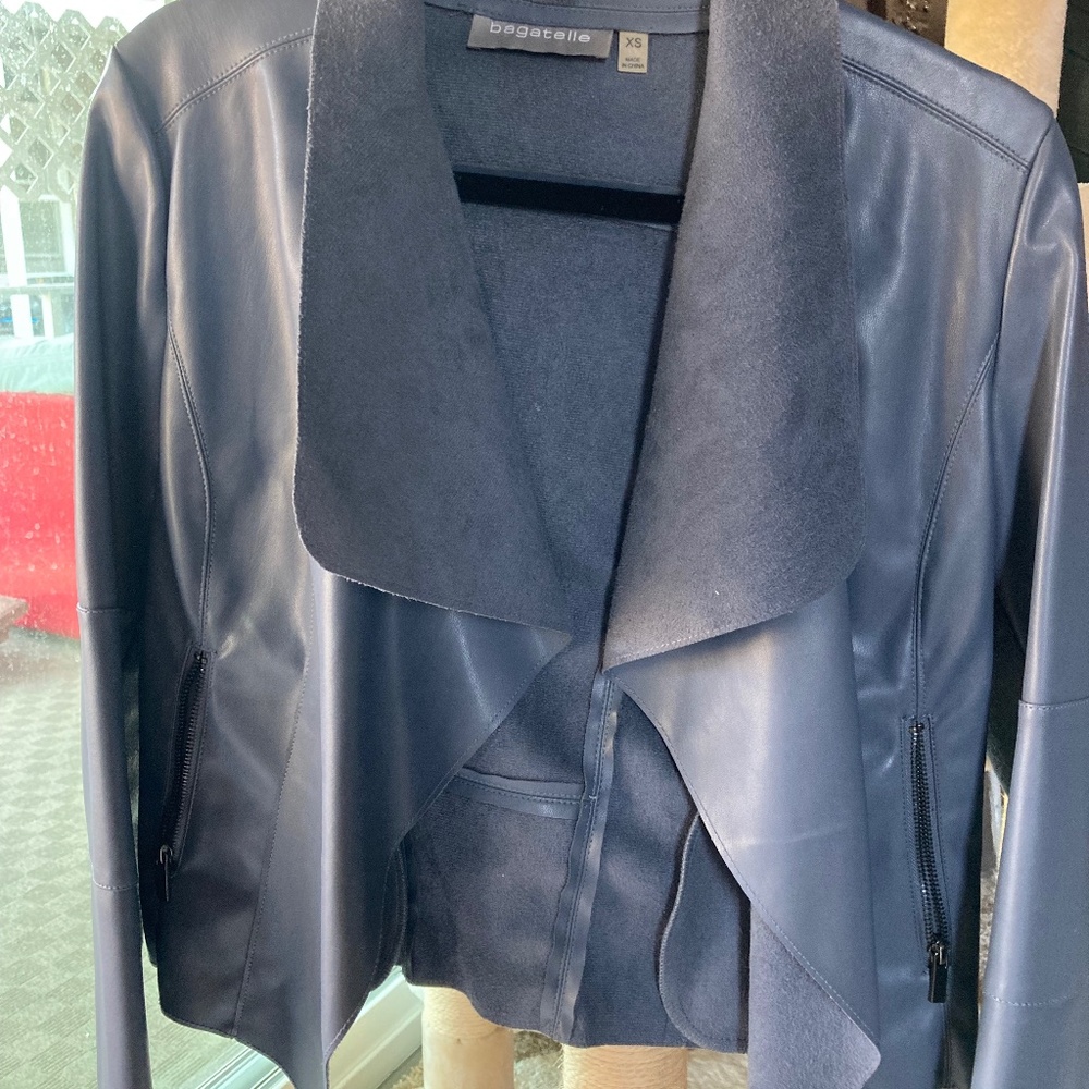 Bagatelle Dusty Blue Draped Faux Leather Jacket